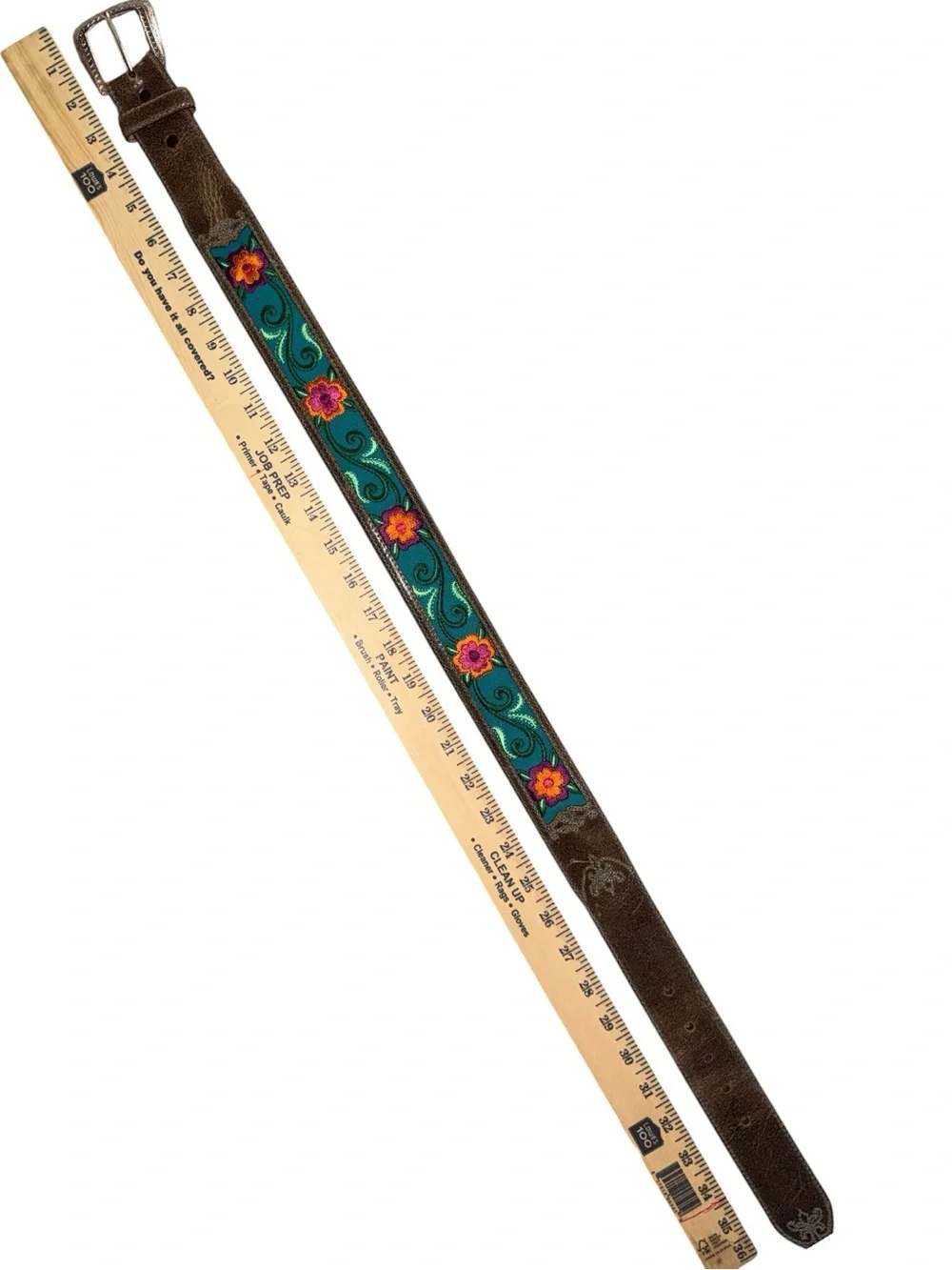 Justin  brown leather western belt teal cowgirl embroidered floral Sz 30